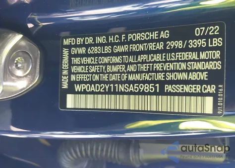 2022 Porsche Taycan Gts z USA, uszkodzony, nr VIN WP0AD2Y11NSA59851